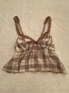 Edikted Cream Plaid crop top with Brown and Blue Accents